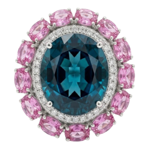 Natural Blue Topaz, Diamond, & Pink Sapphire Ring in 14k Gold
