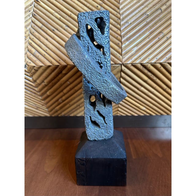 1970s Vintage Signed 13” Hand Hammered Blackwashed Metal Sculpture on Wood Base in a Western Industrial Style For Sale - Image 5 of 17