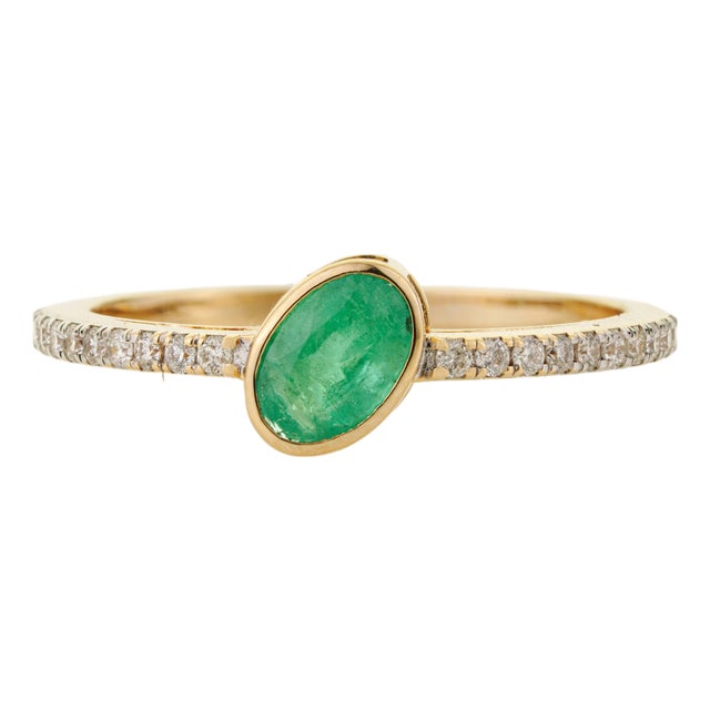 Bezel Set Emerald & Diamond East-West Ring in 14k Yellow Gold Size 4 For Sale
