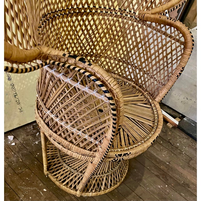 Mid 20th Century Mommy & Me Pr Small Large Rattan Emmanuelle Fan Peacock Bohemian Wicker Chairs For Sale - Image 5 of 12