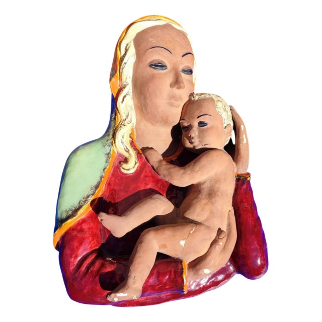 Painted Terracotta Bas-Relief of Our Lady and Child, 1920s For Sale