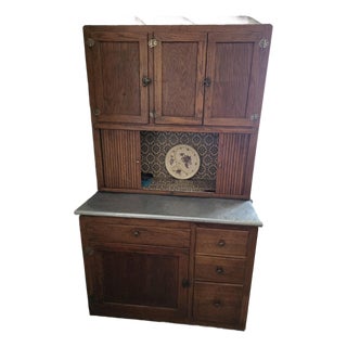 Antique Oak Hoosier Kitchen Cabinet With Slide-Out Zinc Counter & Tambour Doors For Sale