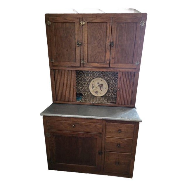 Antique Oak Hoosier Kitchen Cabinet With Slide-Out Zinc Counter & Tambour Doors For Sale