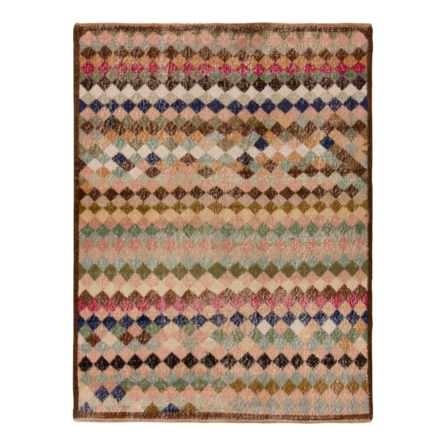 1960s Vintage Distressed Art Deco Rug in Brown, Pink and Blue Geometric Pattern For Sale