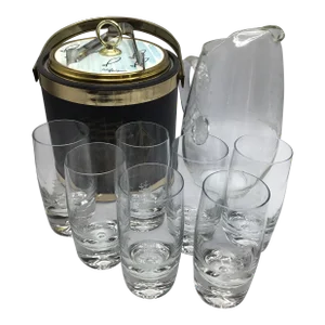 Vintage Tall Ship Ice Bucket With Tongs, Etched Tall Ship Glass Pitcher, and 7 Etched Tall Ship Weighted Bubble Bottom Glasses - Set of 10