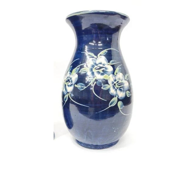 Vintage 1980s French Navy Blue Flower Hand Painted Terracotta Art Pottery Vase For Sale - Image 6 of 7