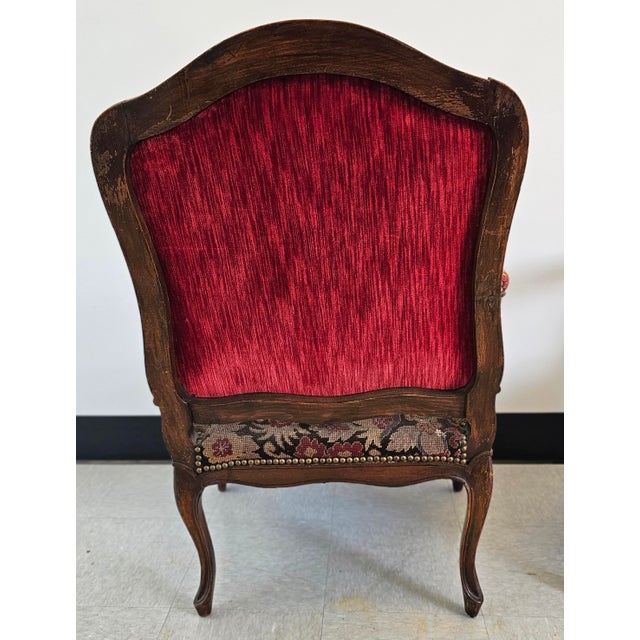 Wine 19th Century French Louis XV Style Mahogany and Needlepoint Tapestry Bergeres Fauteuils, Pair For Sale - Image 8 of 11