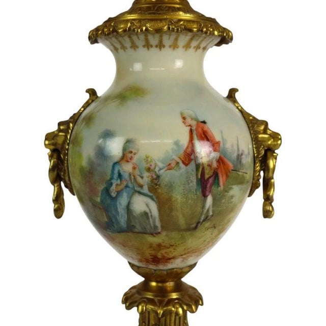 French Sevres Scenic Painted & Artist Signed Porcelain Lamp, Lion Head Handles For Sale - Image 13 of 14