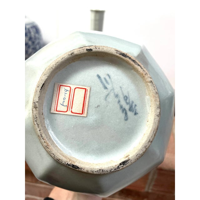 Wood Vintage Asian Celadon Vases With Blue Flowers - a Pair For Sale - Image 7 of 13