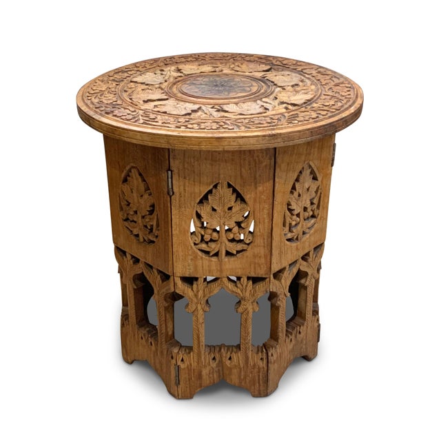 Wood Antique Middle Eastern Circular Carved Side Table with Brass Inlay For Sale - Image 7 of 7