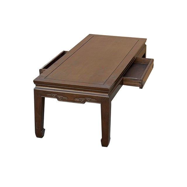 Wood Oriental Dark Brown Natural Wood Drawers Rectangular Low Coffee Table For Sale - Image 7 of 12