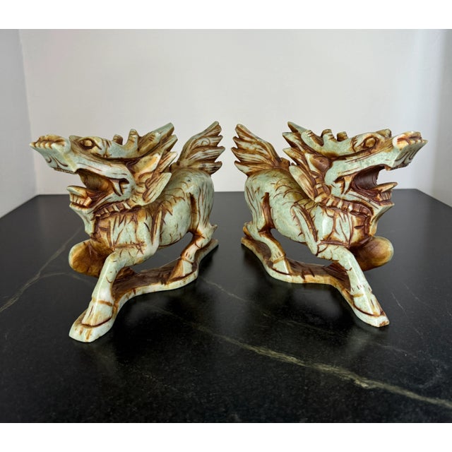 Traditional Antique Hand Carved Stone Qilin Pair For Sale - Image 3 of 12