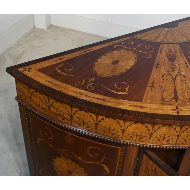 Fine pair of Sheraton Revival demi-lune side cabinets Rich mahogany with extensive satinwood marquetry and inlaid...