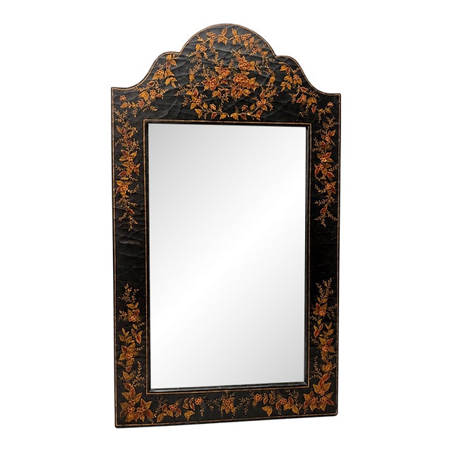 Vintage Chinoiserie Style Black Lacquer Hand-Painted Floral Mirror For Sale
