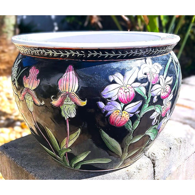 Ceramic Vintage Chinese Porcelain Black Koi Fish Planter Bowl For Sale - Image 7 of 10