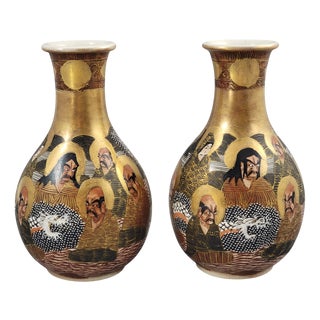 Japanese Satsuma Vases with Raised Gilt and Arhat Motifs, 1890-1910, Set of 2 For Sale