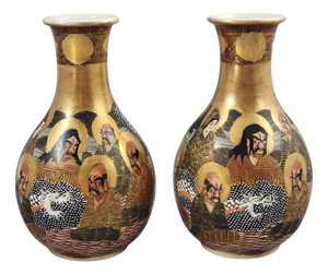 Japanese Satsuma Vases with Raised Gilt and Arhat Motifs, 1890-1910, Set of 2
