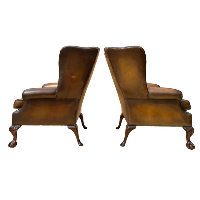 Traditional Pair of Leather Wing Back Tufted Chairs on Ball & Claw Feet, English, Ca. 1920. For Sale - Image 3 of 7