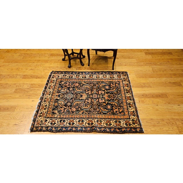 1900 - 1909 Vintage Persian Malayer Area Rug, Hand-Knotted Wool, Geometric Pattern, 4x4, Navy & Ivory For Sale - Image 5 of 14