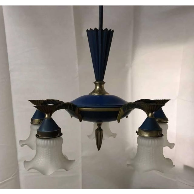 Rustic European 1910s Blue Chandelier With 5 Frosted Glass Shades - Dagobert Peche For Sale - Image 3 of 12
