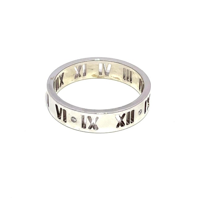 Tiffany and Co. Mid 20th Century Tiffany & Co. 18k White Gold Diamond Atlas Roman Numerals Band, Size 9 For Sale - Image 4 of 9