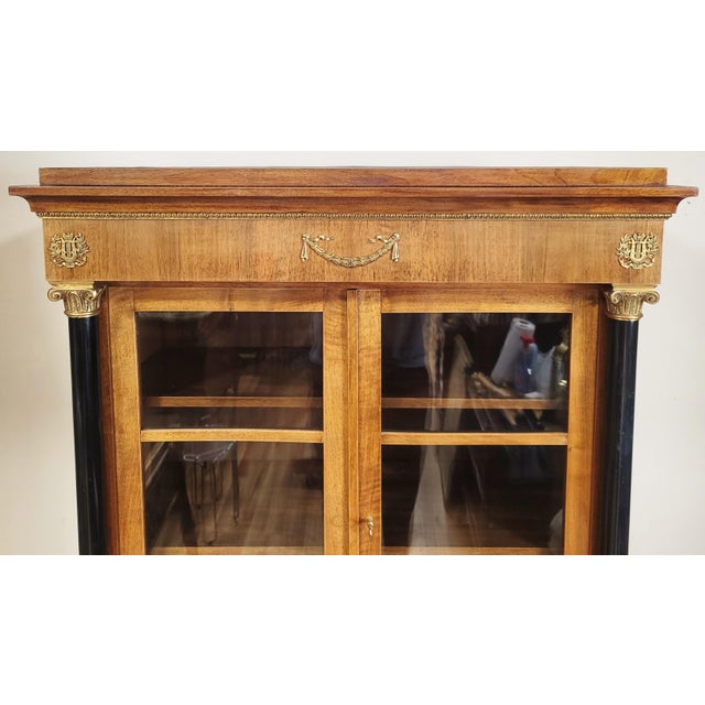19th C French Walnut Ebony & Bronze Empire Curio Vitrine Bookcase For Sale - Image 9 of 18