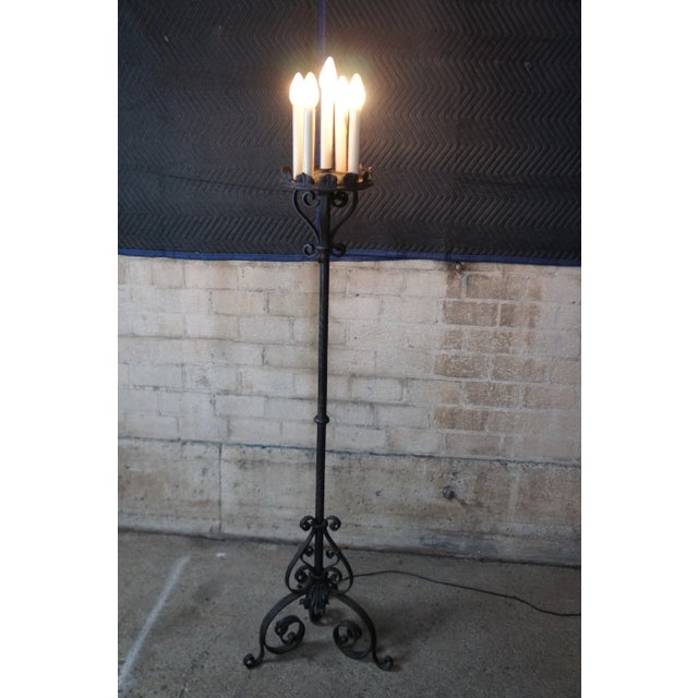Mid 20th Century Gothic Revival Wrought Iron Torchiere Candelabra Candlestick Floor Lamp For Sale - Image 4 of 12