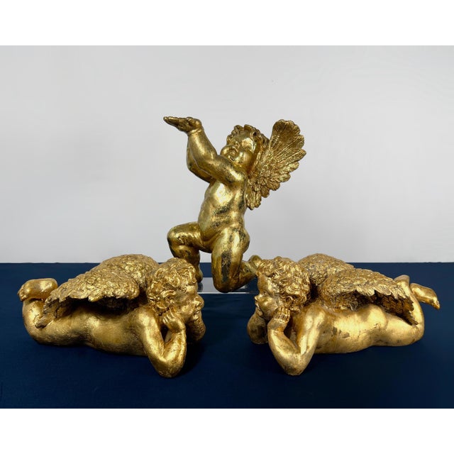 Set of 3 Vintage Hollywood Regency Gilded Cherub Putti Sculptures - Cast Composite Angels For Sale In Houston - Image 6 of 9
