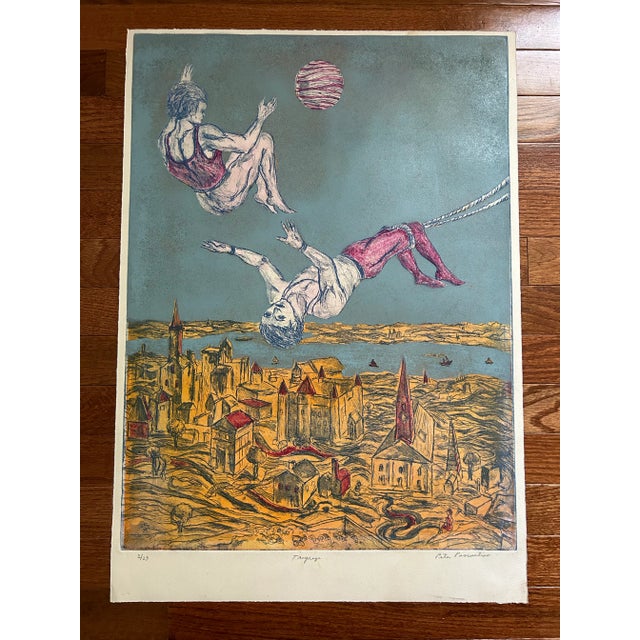 Vintage large colored etching of two men on a trapeze. Pencil signed to the lower right corner ‘ Peter Passuntino’....