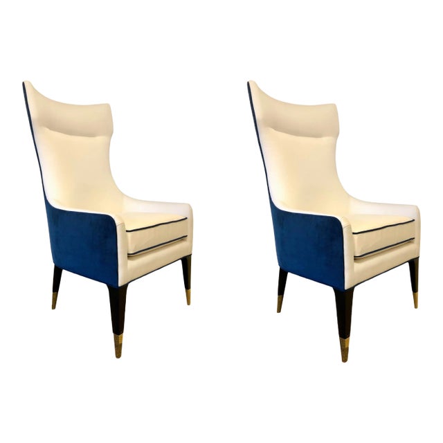 Caracole Couture Modern Navy Blue Velvet and White Linen Chairs - a Pair For Sale