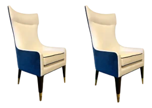 Caracole Couture Modern Navy Blue Velvet and White Linen Chairs - a Pair