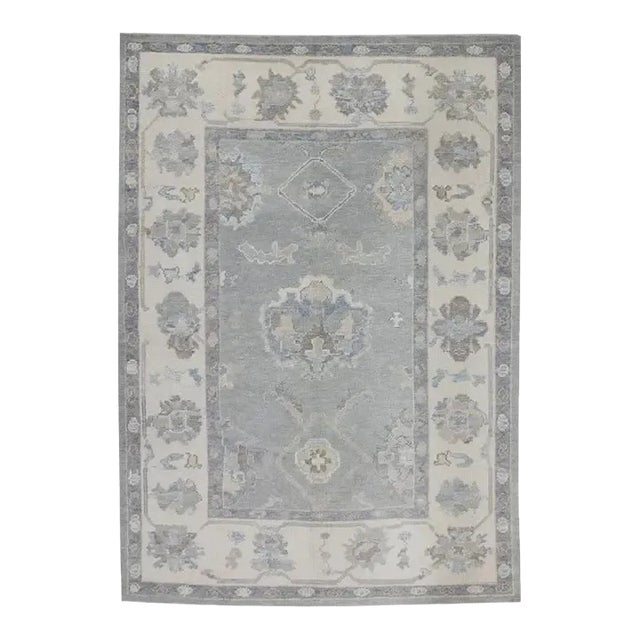Turkish Oushak Runner Rug Gray & Blue Handwoven Rug 4'11" X 6'10" For Sale