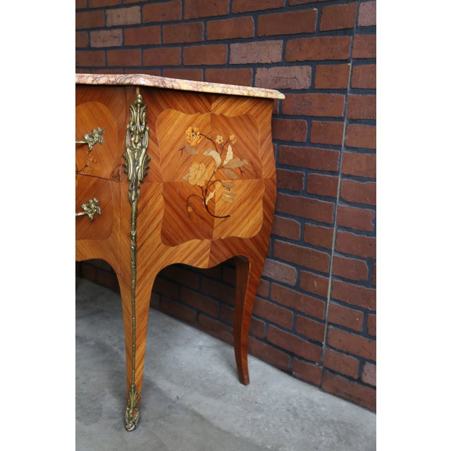 French Provincial Antique French Louis XV Marble Top Bombe Chest For Sale - Image 3 of 8