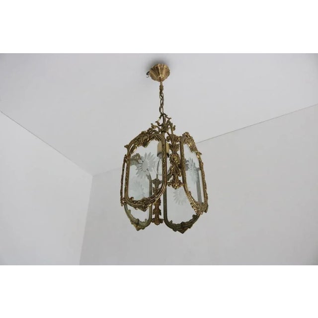 French Louis XVI Style Brass and Etched Glass Lantern, 1950s For Sale - Image 4 of 12