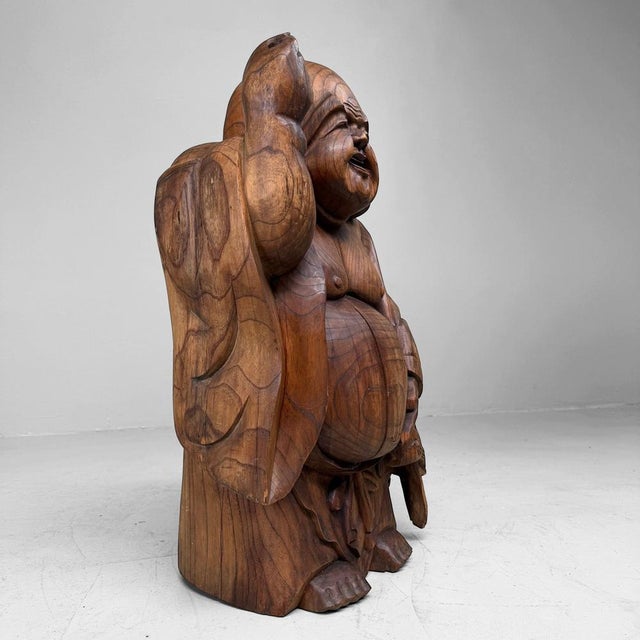 Wood Japanese Wooden Temple Statue of Hotei with Child, 1920s For Sale - Image 7 of 14