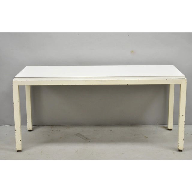 Vintage Mid Century Modern Steel Metal White Laminate Top Coffee Table Bench with Clean Modernist Lines. Circa Late 20th...