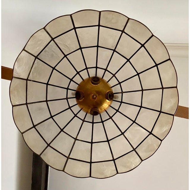 Metal Vintage Capiz Shell Pendant Light With Brass Hardware and Scalloped Edge For Sale - Image 7 of 10