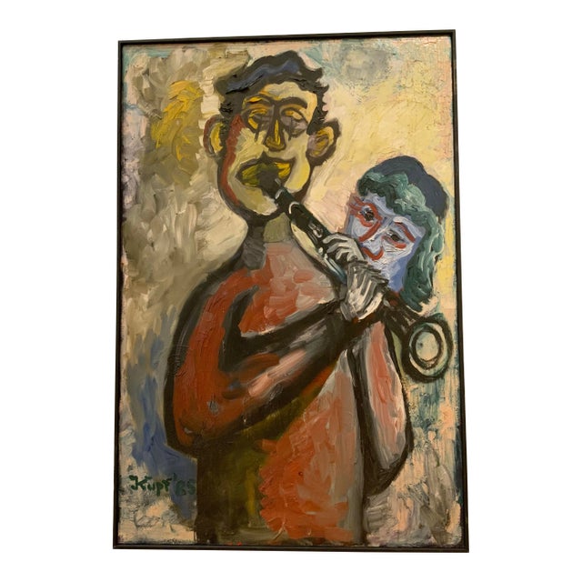 1985 Vintage Oil on Canvas Painting Portrait of a Clarinet Player by Meyer Kupferman For Sale