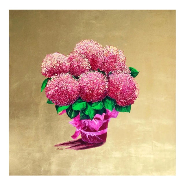 The Gift, Pink and Gold Leaf Painting with Blossoming Bright Flowers, 2020 For Sale