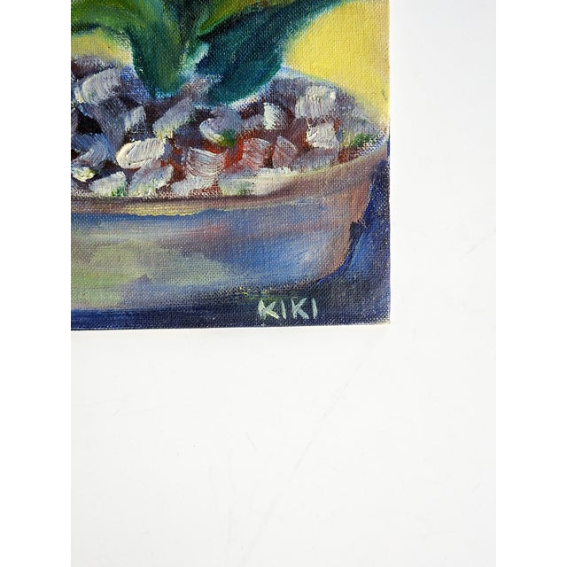 Oil on canvas board impressionist still life with Aloe plant and yellow background. Signed Kiki lower right. Unframed. 9"...