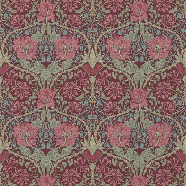 Morris & Co Honeysuckle & Tulip Wallpaper in Burgundy/Sage - a Sample For Sale