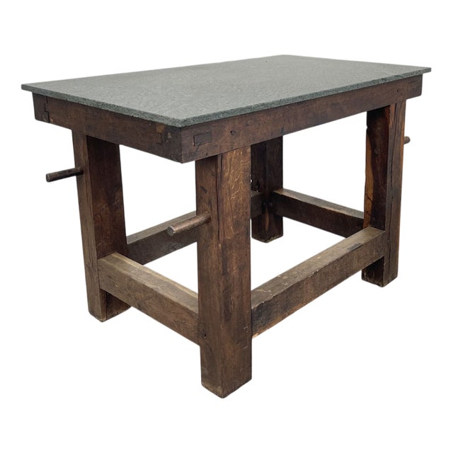 Vintage Oak and Granite Worktable, 1930s For Sale