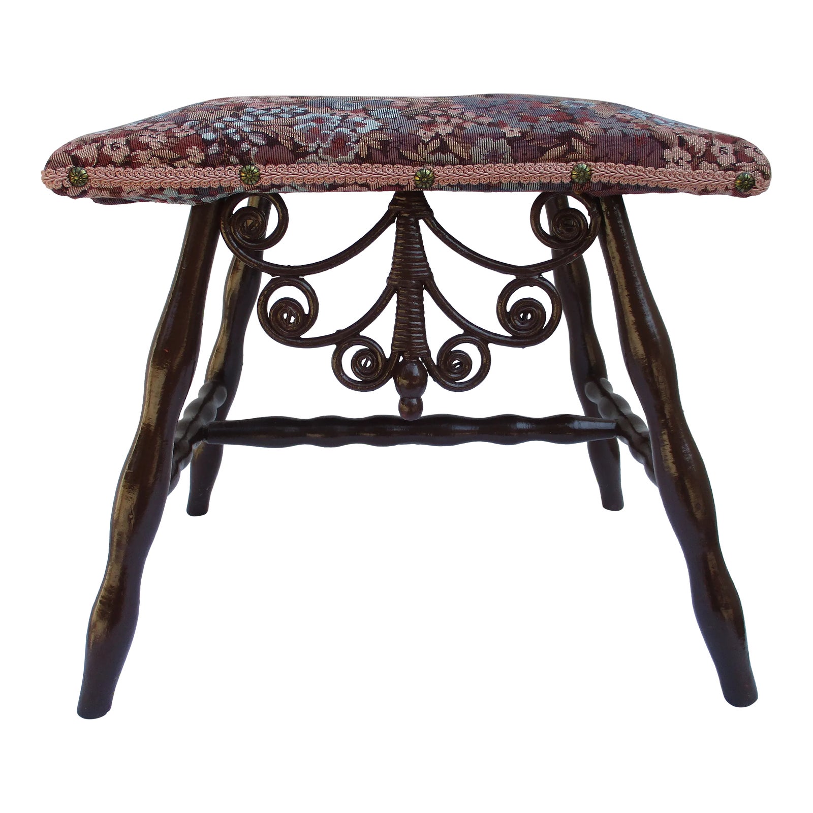 Tall Decorative Rattan and Wood Stool With Violet Floral Motif Fabric ...