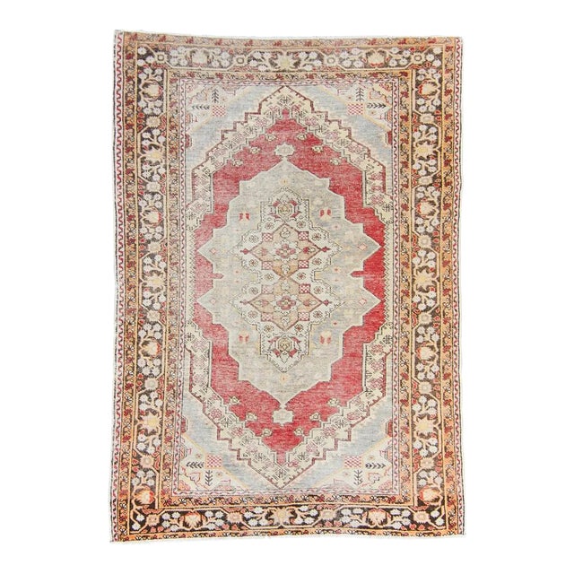 1950s Vintage Oushak Medallion Rust Red Brown Small Accent Hand-Knotted Wool Rug 1950s - 4’3” X 6’ For Sale
