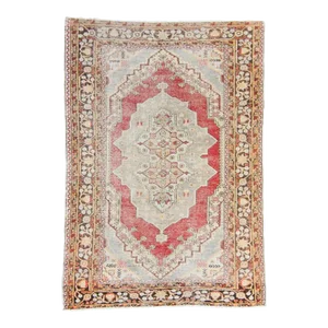 1950s Vintage Oushak Medallion Rust Red Brown Small Accent Hand-Knotted Wool Rug 1950s - 4’3” X 6’