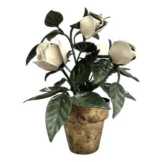 Vintage Italian Gilt Tole Potted White Roses Floral / Flowers / Rose Floral Arrangement / Sculpture For Sale