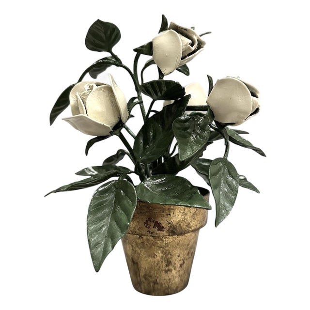 Vintage Italian Gilt Tole Potted White Roses Floral / Flowers / Rose Floral Arrangement / Sculpture For Sale