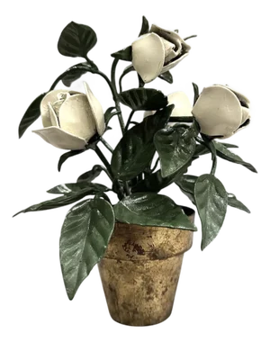 Vintage Italian Gilt Tole Potted White Roses Floral / Flowers / Rose Floral Arrangement / Sculpture