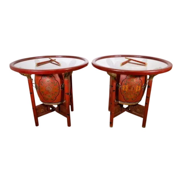 Pair of Early 20th Century Antique Chinese Polychrome Gilt Decorated Red Drum Glass Top Tables For Sale