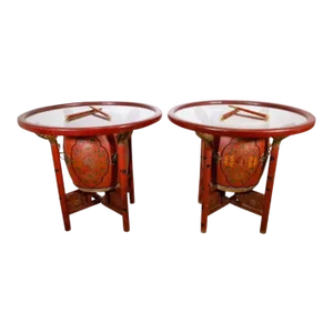 Pair of Early 20th Century Antique Chinese Polychrome Gilt Decorated Red Drum Glass Top Tables